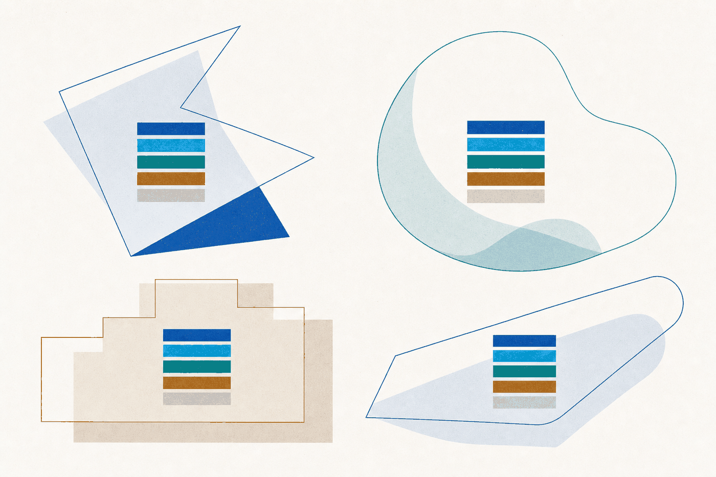 Four outlines of completely different shapes, each holding the same five-part core.