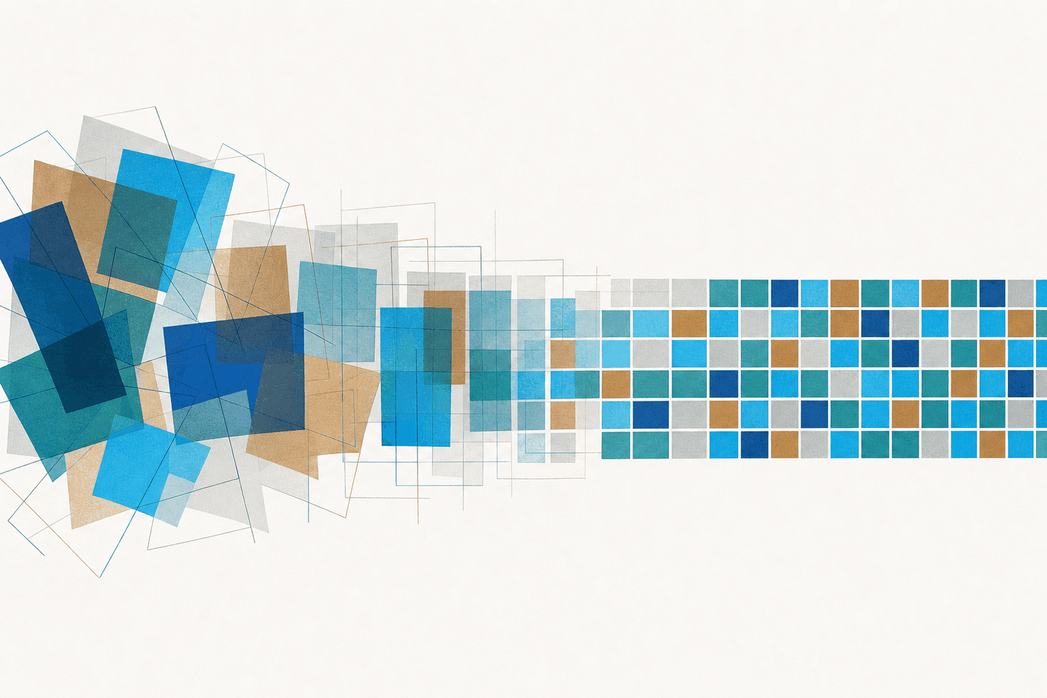 Loose, overlapping planes on the left resolving into an even grid of tiles on the right.